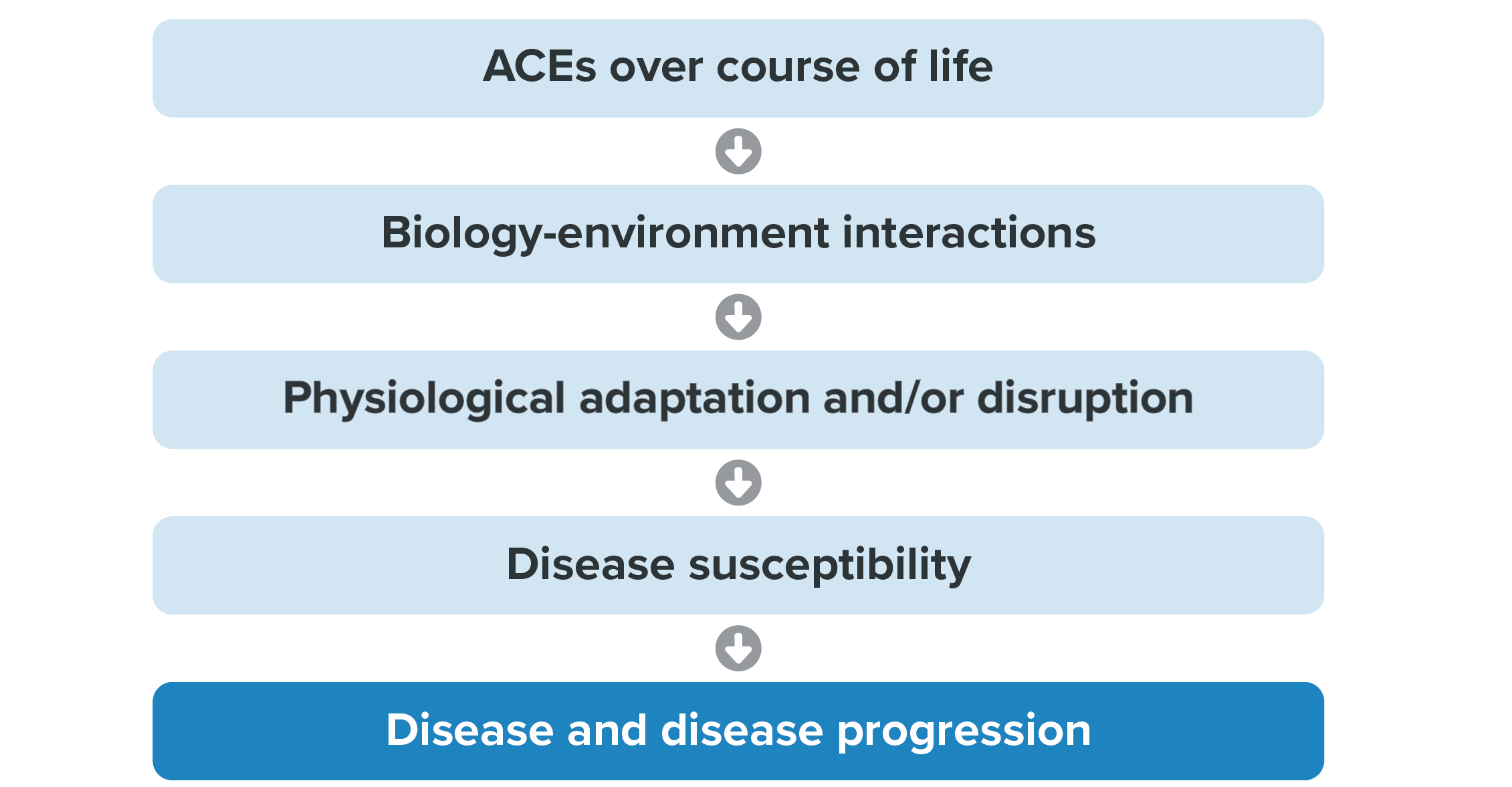 Steps from top to bottom: ACEs over the life course, biology environment interactions, physiological adaptation and/or disruption, disease susceptibility. Final step: Disease and disease progression.