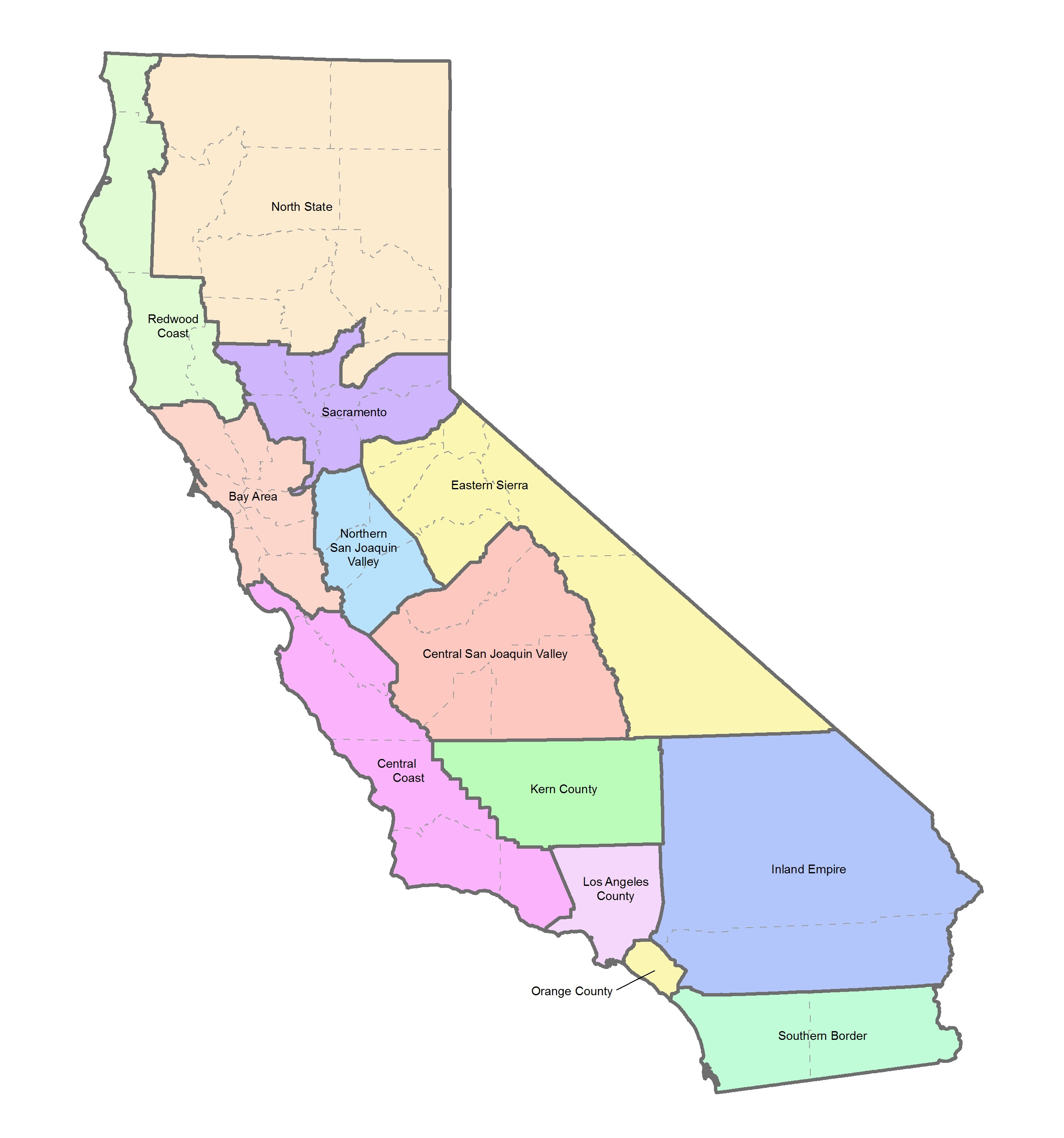 Graphic showing California Map with the following regions: North State, Redwood Coast, Sacramento, Bay Area, Northern San Joaquin Valley, Eastern Sierra, Central San Joaquin Valley, Central Coast, Kern County, Inland Empire, Los Angeles County, Orange County, and Southern Border