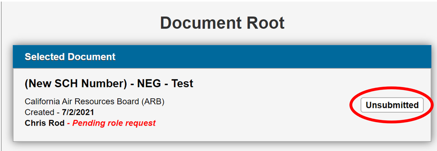 Screenshot of CEQA Submit Document Root page shows selected document with a label on the right side of the screen that reads 'Unsubmitted'.