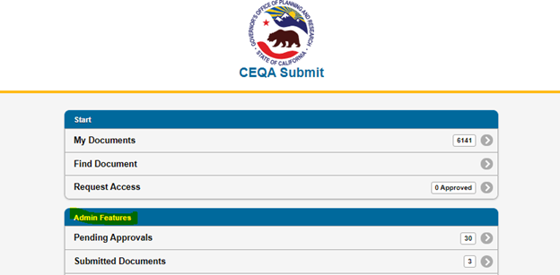 Screenshot from CEQA Submit home page that shows a tab called 'Admin Features' on the bottom of the screen under the 'Start' tab. Underneath the Admin Features tab are two subtabs: Pending Approvals and Submitted Documents.