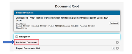 Screenshot of the CEQA Submit Document Root page. Under the 'Navigation' tab, there is an arrow pointing to the first subtab called 'Published Document', which you can click on to be directed to the published document on CEQAnet.